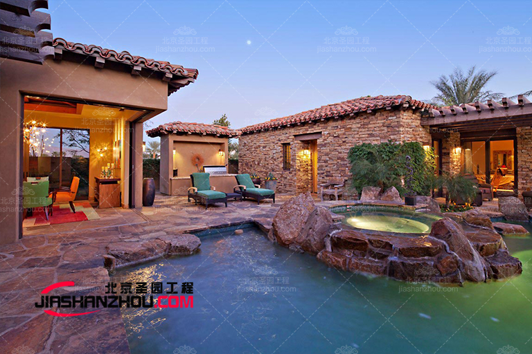 北京潤澤御府城市棟別墅花園水泥塑石假山配套設計