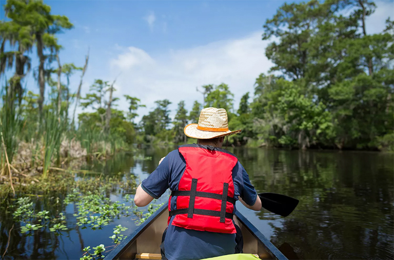木舟穿過路易斯安那州的龐恰特雷恩湖的人.jpg 木舟穿過路易斯安那州的龐恰特雷恩湖的人